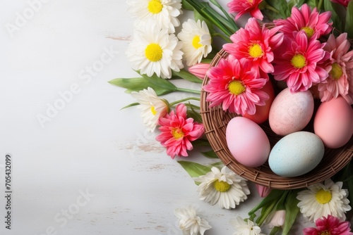 copy space background flat lay with pastel-colored Easter eggs  a basket filled with candy  fresh flowers  bunny figurines  and a light - generative ai
