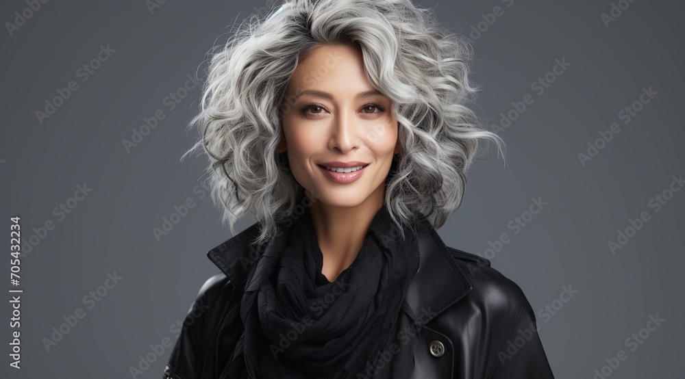 Elegant Asian woman with gray hair and black scarf