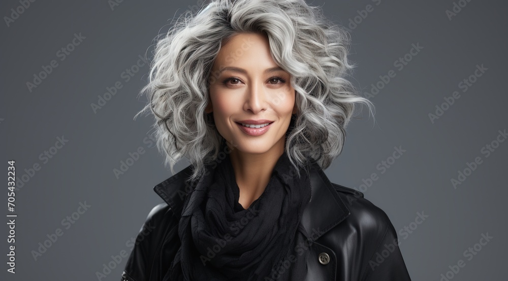 Elegant Asian woman with gray hair and black scarf Elegant Asian woman with gray hair and black scarf