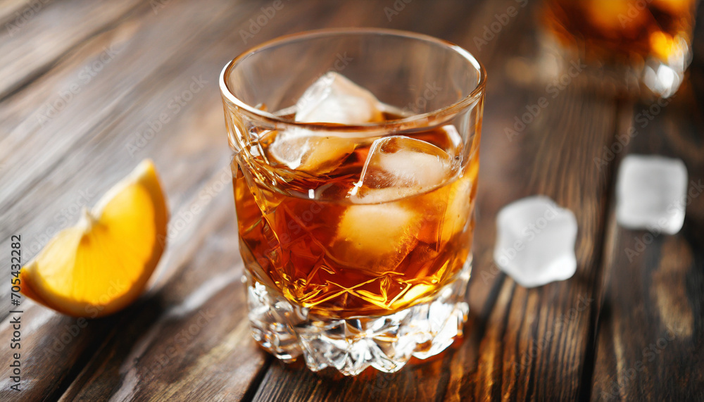 Elegant whiskey glass on rustic wooden surface, evoking warmth and sophistication Elegant whiskey glass on rustic wooden surface, evoking warmth and sophistication