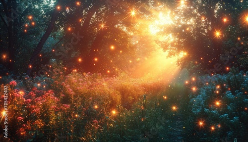 Magical fairy forest. Mystical fantasy landscape with abstract glitter and fireflies. Space stars and nebula.