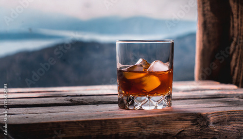 Elegant whiskey glass on rustic wooden surface  evoking warmth and sophistication