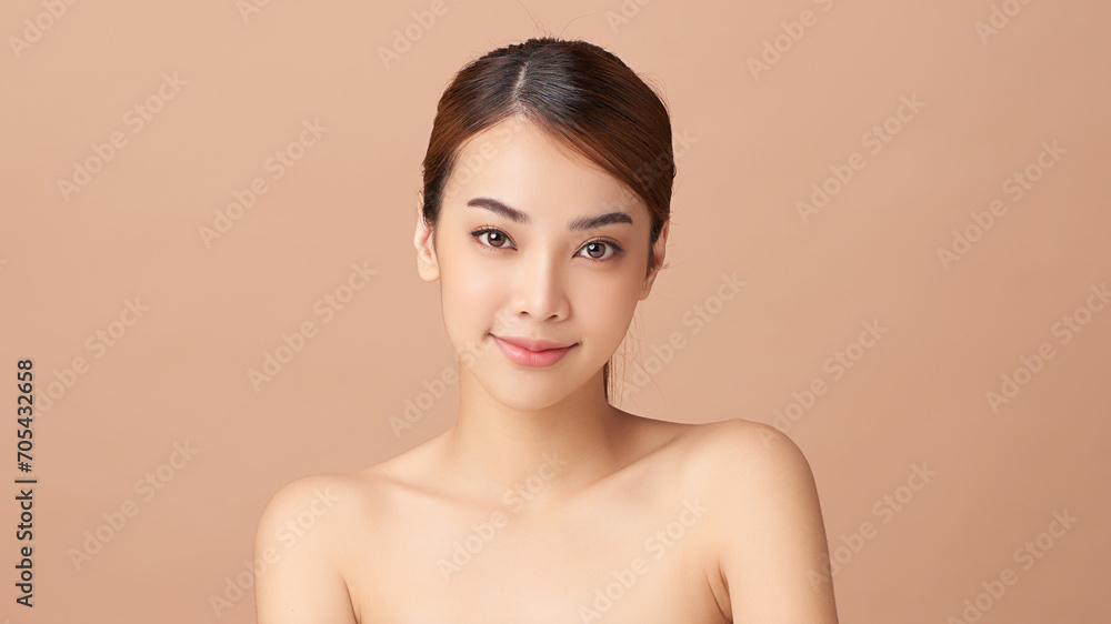 Beautiful young asian woman with clean fresh skin on beige background, Face care, Facial treatment, Cosmetology, beauty and spa, Asian women portrait.