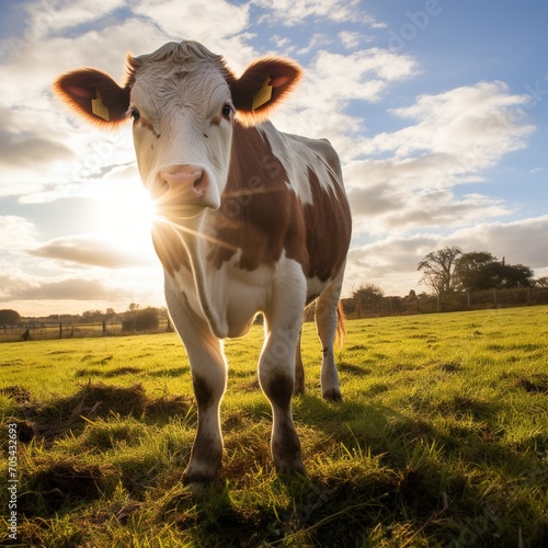 Holstein cow standing in green field looking at camera