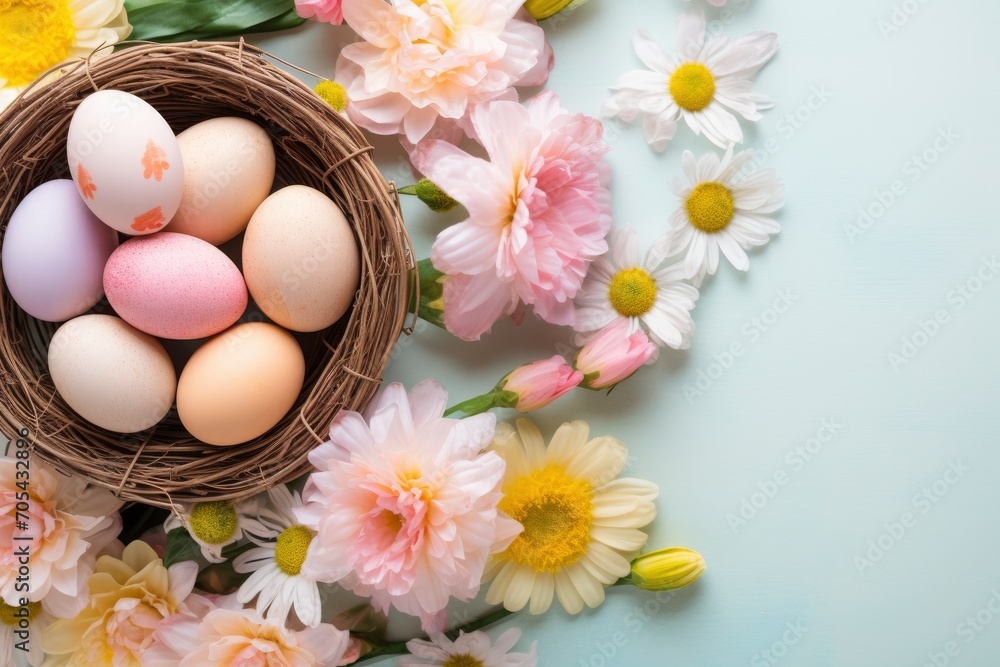 copy space background flat lay with pastel-colored Easter eggs, a basket filled with candy, fresh flowers, bunny figurines, and a light - generative ai copy space background flat lay with pastel-colored Easter eggs, a basket filled with candy, fresh flowers, bunny figurines, and a light - generative ai