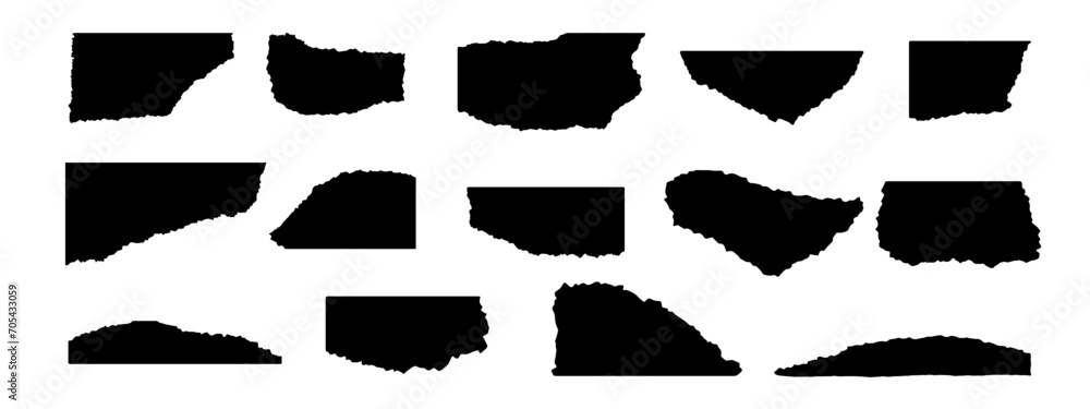 Torn paper frames with ragged edges set. Vector shape of black silhouettes isolated on white background. Jagged paper collection Torn paper frames with ragged edges set. Vector shape of black silhouettes isolated on white background. Jagged paper collection