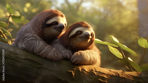 A pair of sloths engaged in a slow and deliberate grooming session  highlighting their social behaviors -Generative Ai 