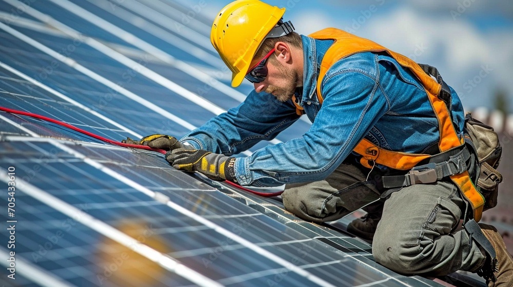 A guy on a roof, repairing a solar panel... A guy on a roof, repairing a solar panel...
