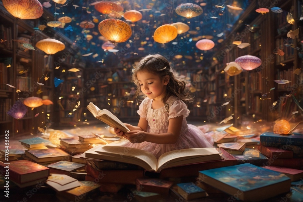 a little girl is reading a book in a library with lots of books - obrazy, fototapety, plakaty 