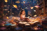 a little girl is sitting on a pile of books and reading