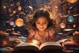 a little girl reading a book surrounded by books and lights