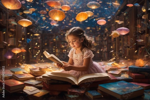 a little girl is reading a book in a library with lots of books photo