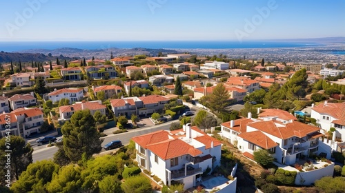 Modern houses with red tile roofs in a wealthy neighborhood