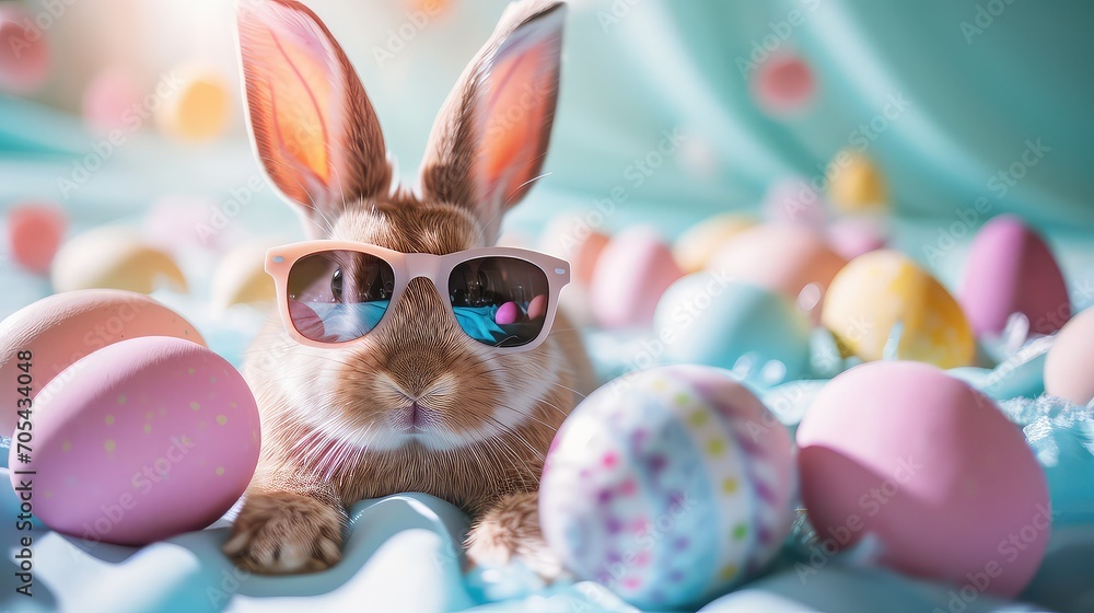 Real rabbit dressed up with stylish sunglasses, surrounded by Easter eggs 