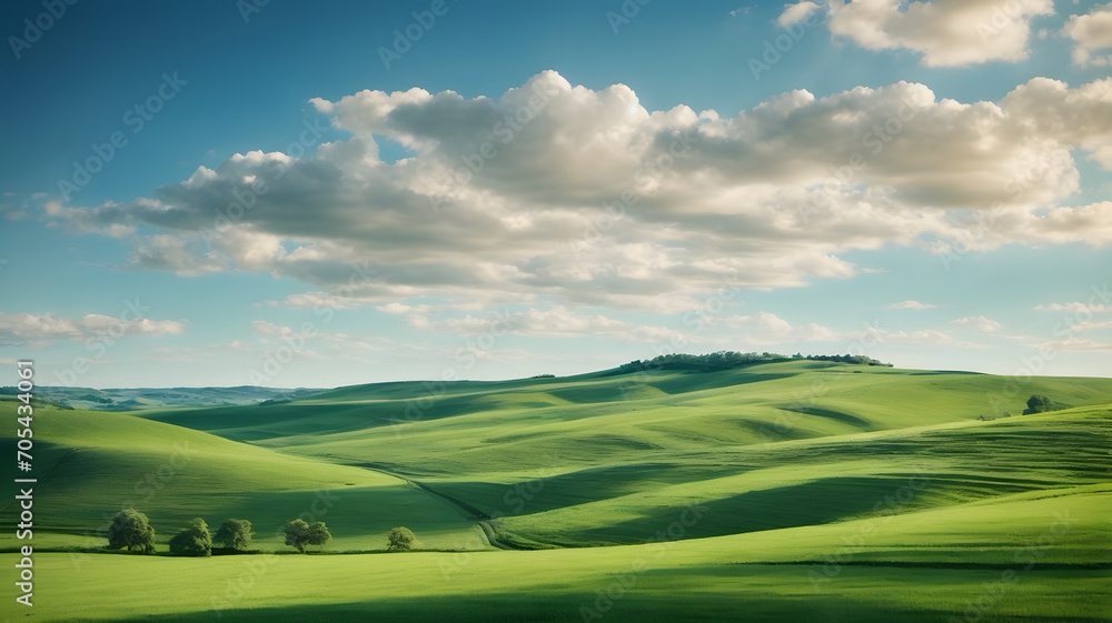 A landscape of beautiful green fields with clean blue sky