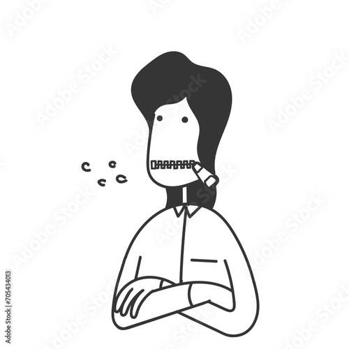 hand drawn doodle person with zippered mouth cartoon