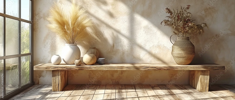 Obraz premium Console table made of rustic wood with copy space against a wall of beige plaster. Japanese interior design for a contemporary foyer. ..