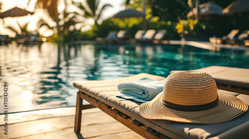 Sun hat and beach towel on lounge chair at a luxury hotel swimming pool. Blue water escape at upscale resort. Exclusive destination travel, luxury vacation, tropical paradise for solo traveler. 