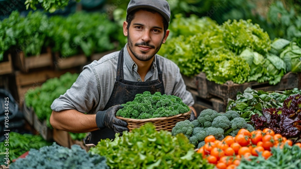 a youthful farmer carrying a basket full of fresh veggies. the ideas of biology, bioproducts, bioecology, homegrown food, vegetarianism, and healthful salads. .. a youthful farmer carrying a basket full of fresh veggies. the ideas of biology, bioproducts, bioecology, homegrown food, vegetarianism, and healthful salads. ..