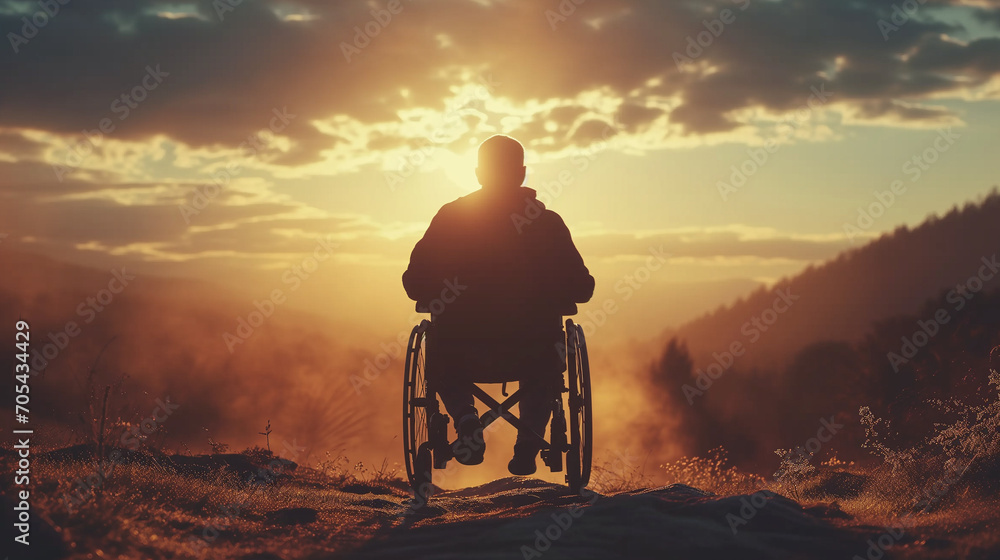 Homme en fauteuil roulant dans la nature qui regarde le paysage et le coucher de soleil - obrazy, fototapety, plakaty 