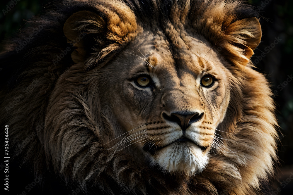 A portrait of a lion king with a black isolated background