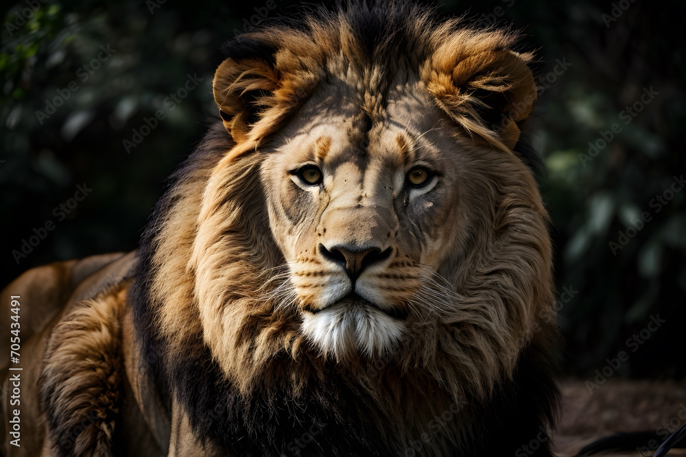 A portrait of a lion king with a black isolated background