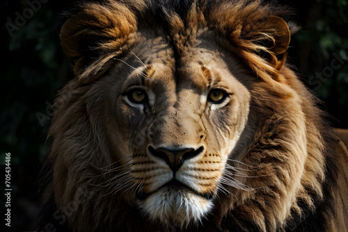 A portrait of a lion king with a black isolated background © AungThurein