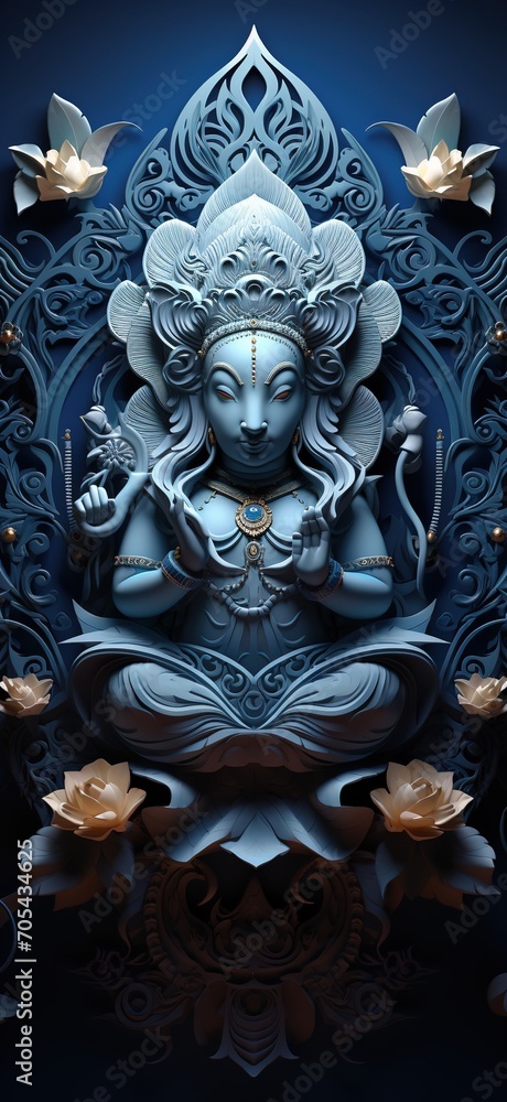 Blue Tara statue with lotus flowers - obrazy, fototapety, plakaty 