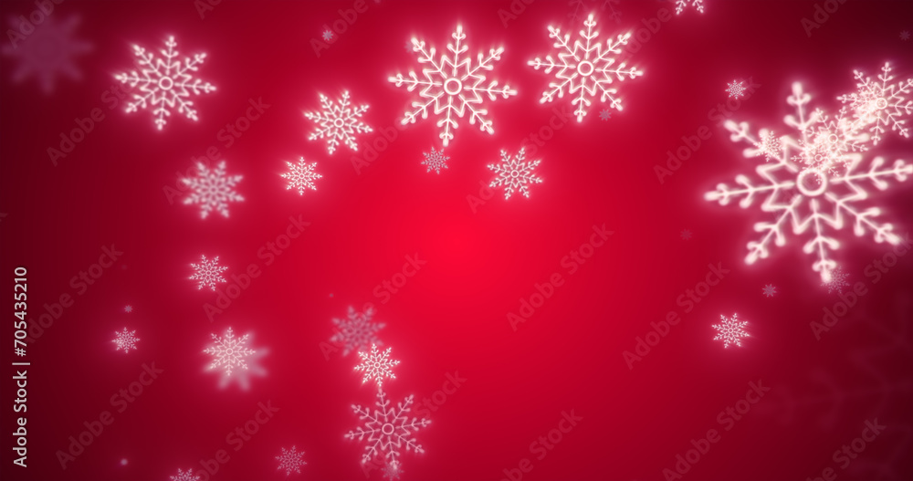 Christmas festive bright New Year background made of white glowing winter beautiful falling flying snowflakes patterns on a red background Christmas festive bright New Year background made of white glowing winter beautiful falling flying snowflakes patterns on a red background
