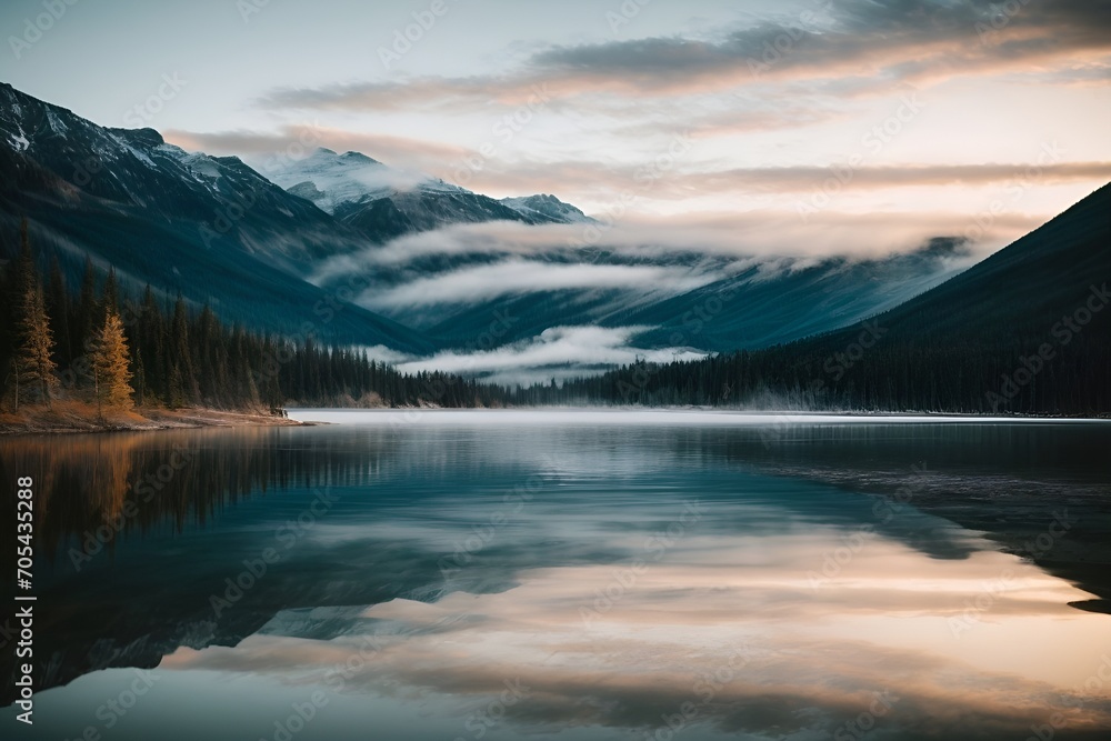 a lake surrounded by mountains and trees at sunrise