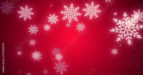 Christmas festive bright New Year background made of white glowing winter beautiful falling flying snowflakes patterns on a red background