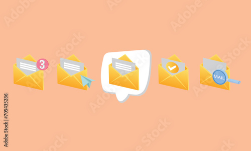 3D open mail envelope icon set with marker new message.Render email notification with letters, check mark, paper plane and magnifying glass icons.3d goal for technology,online social media usage.