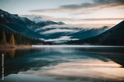 a lake surrounded by mountains and trees at sunrise