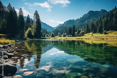 Tranquil Alpine Lake in a Valley Surrounded by Verdant Forests