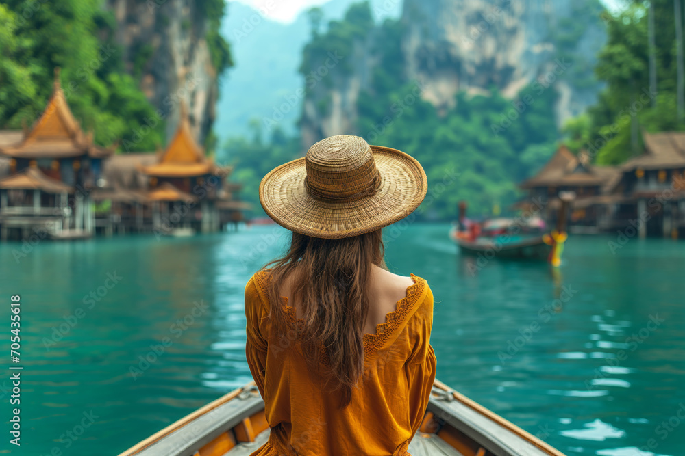 Peaceful Journey: Woman in Mustard Top and Straw Hat on Boat Tour