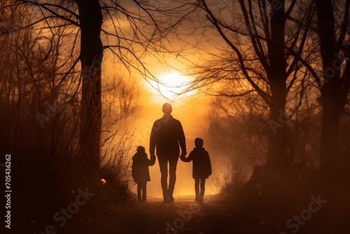 Family at Sunset. Silhouette Bonding in Nature