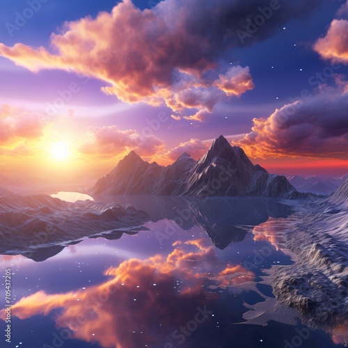 Fantasy Landscape with Mountains and Lake at Sunset