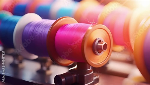 Closeup of colorful thread being spun on a spinning wheel for traditional textiles. photo