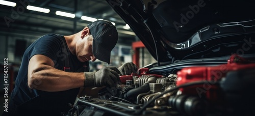Professional mechanic performs maintenance on car engine. Automotive industry.