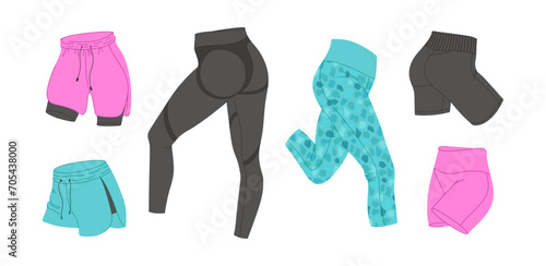 Female fitness shorts and leggings vector set. Woman's sports clothes flat design. Isolated illustrations on a white background. Ideal for design sports content, stickers and print.
