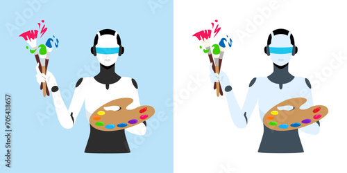 絵筆とパレットを持つロボットもしくはアンドロイドが絵を描く様子のベクターイラスト。人工知能による画像の生成の表現。