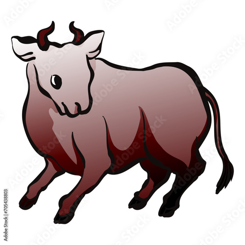 雄牛の和風ベクターイラスト（カラー）。

