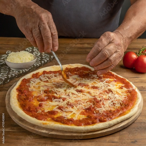 Pizza being cooked on a rustic table