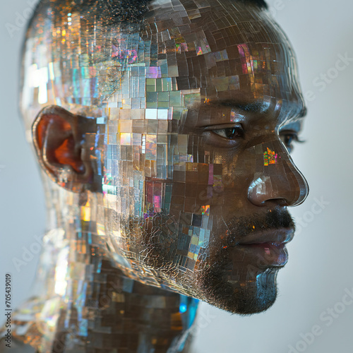 Surreal album cover transparent holograms of a man rotated show cross section of bismuth crystals Generative AI