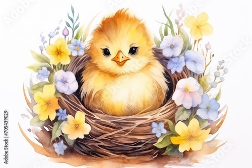 Watercolour Chicken in nest with Flowers. Watercolor little bird with floral frame isolated on white background. Happy easter day cute children character © Zhizhi