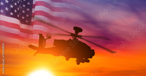 USA army and Nation flag on sunset background. Veterans Day , Memorial Day, Independence Day . America celebration.3d illustration. © arsenypopel