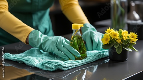 A person wearing gloves is cleaning a surface with a cloth and a spray bottle