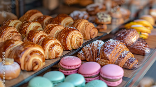 Various types of pastries, from flaky croissants to colorful macarons Generative AI