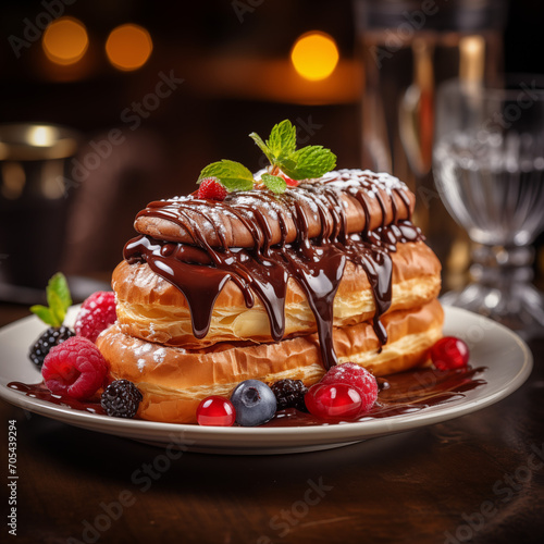 French pastry with a golden crust and a soft, sweet interior decorated with fresh fruit and a chocolate coating Generative AI