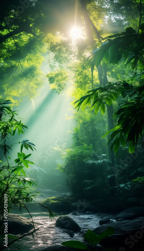 Dreamy tropical landscape with rainforest. Poster with greenery and copy space for your text. Bali style template for your design  exotic photo with green palm leaves and atmospheric sunlight rays. 